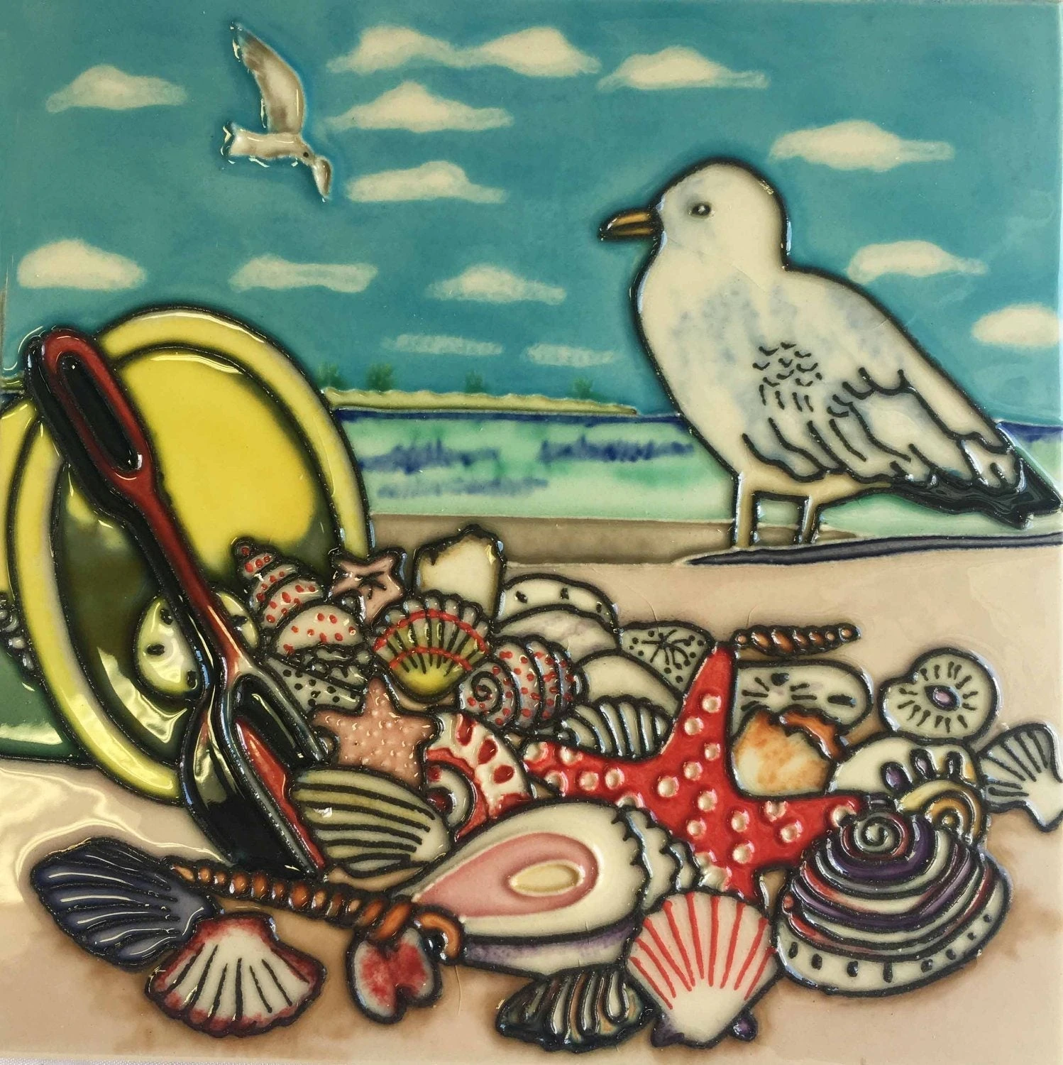Seagull And Bucket Of Shells On Beach Ceramic Tile 8 Inches 3 Seagull And Bucket Of Shells On Beach Ceramic Tile 8 Inches